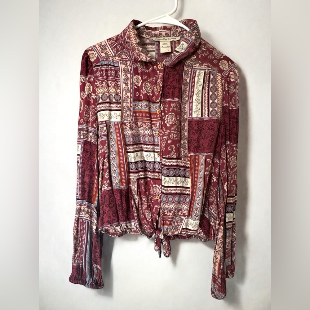 AMERICAN RAG Womens Red Printed Long Sleeve Collared Button Up Top Large - Picture 6 of 8